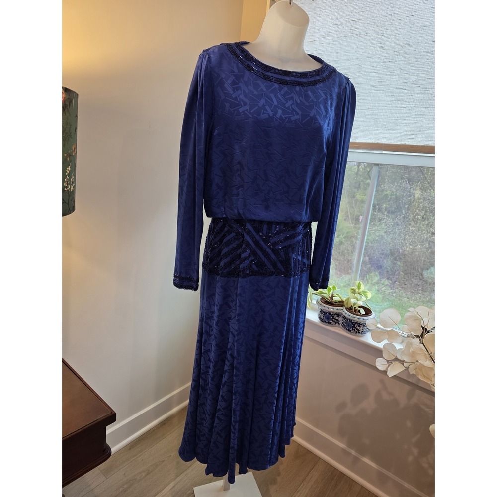 Vintage 80s Satin Print Royal Blue Maxi Cocktail Dress Open Back Sz.8/10 (M) - Picture 7 of 15